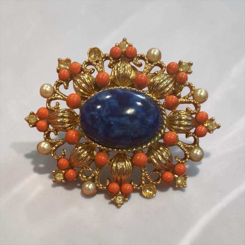 Lapis Blue Cabochon Coral Bead Brooch Gold Filigree Faux Pearl 1960s Vintage